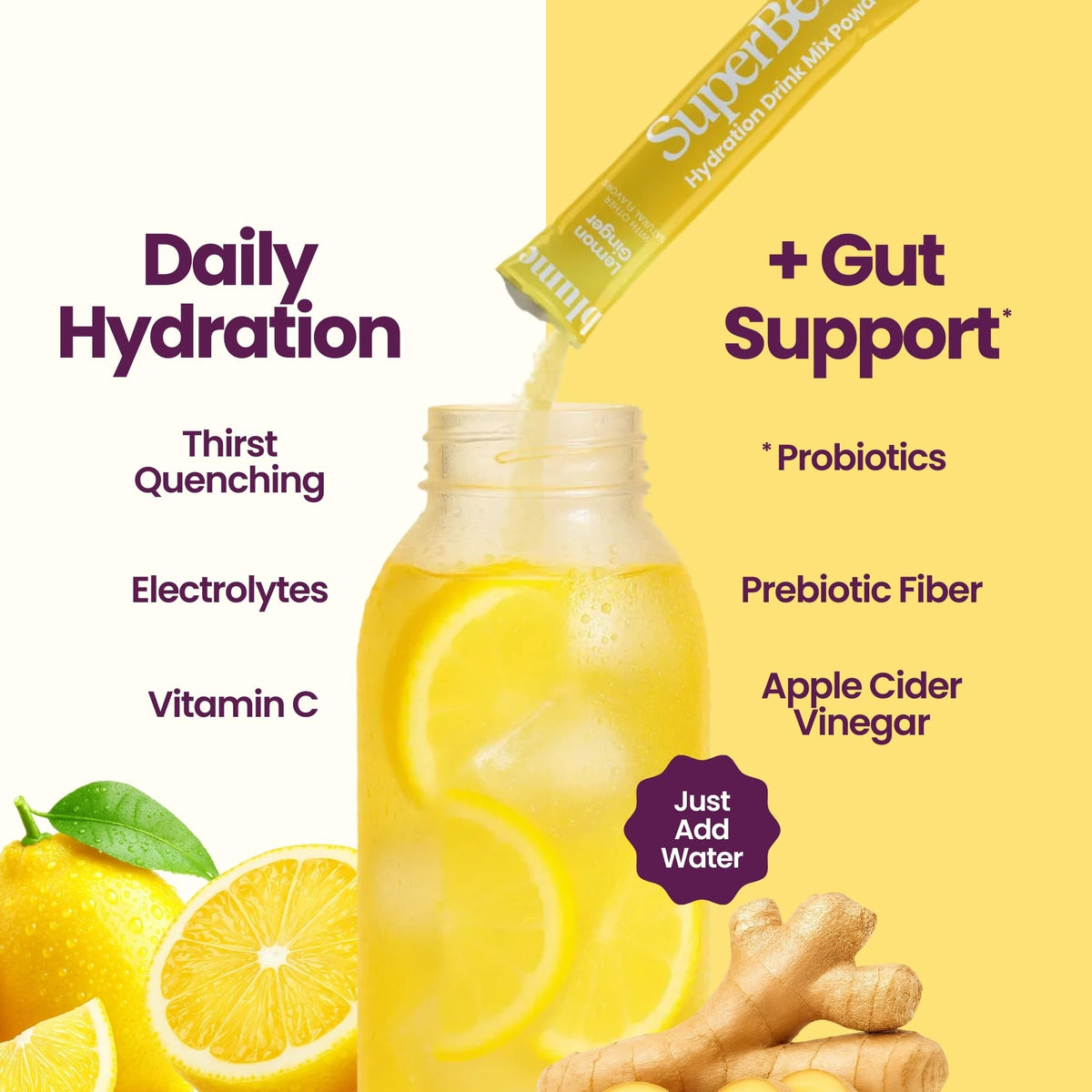 Blume SuperBelly Gut Health + Hydration - Sugar Free Probiotics, Prebiotic Fiber, Electrolytes, Lemon Ginger, 15 Sticks