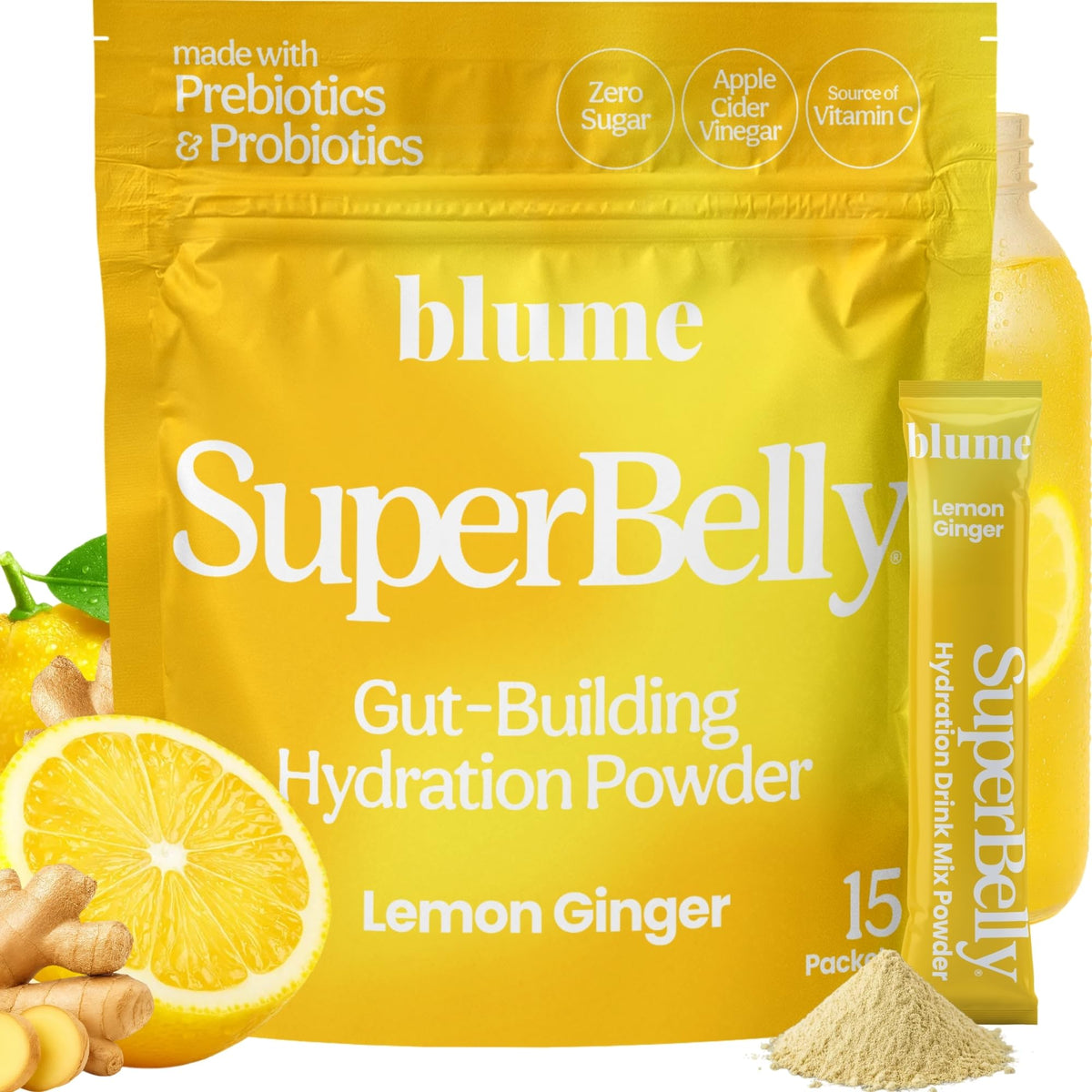 Blume SuperBelly Gut Health + Hydration - Sugar Free Probiotics, Prebiotic Fiber, Electrolytes, Lemon Ginger, 15 Sticks