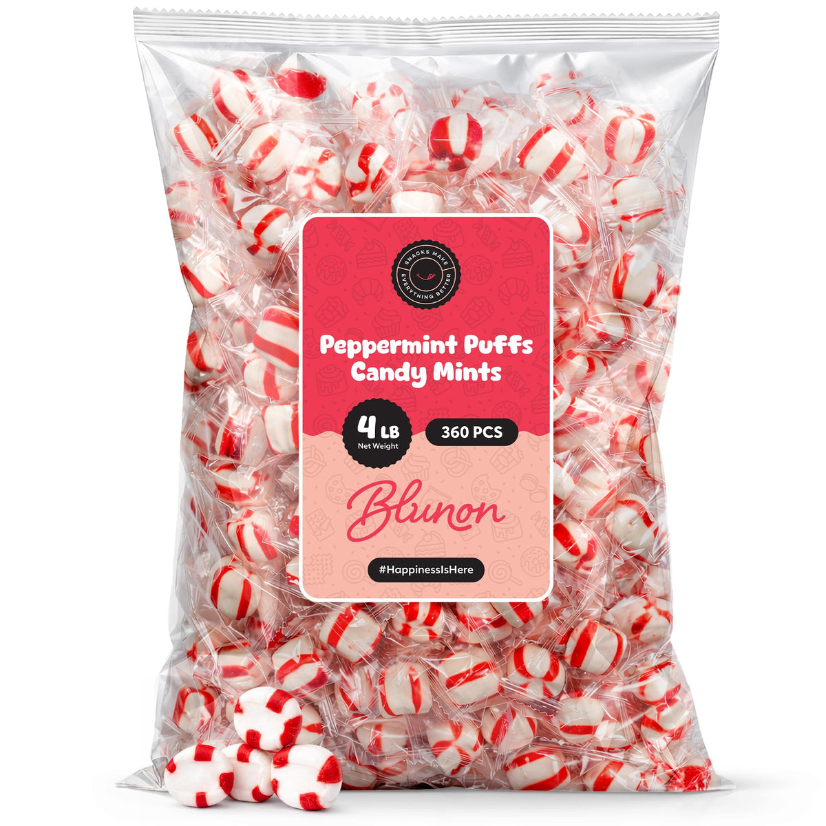 Blunon Peppermint Puffs Candy Mints – 4 lb Bulk, Individually Wrapped (360 Pieces)