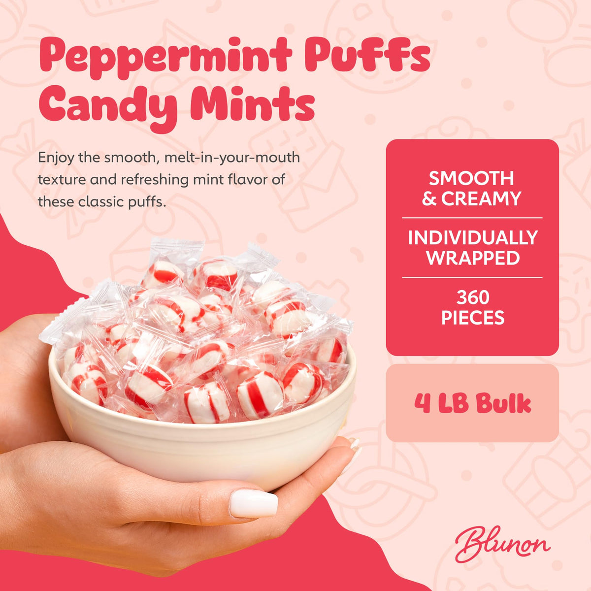 Blunon Peppermint Puffs Candy Mints – 4 lb Bulk, Individually Wrapped (360 Pieces)