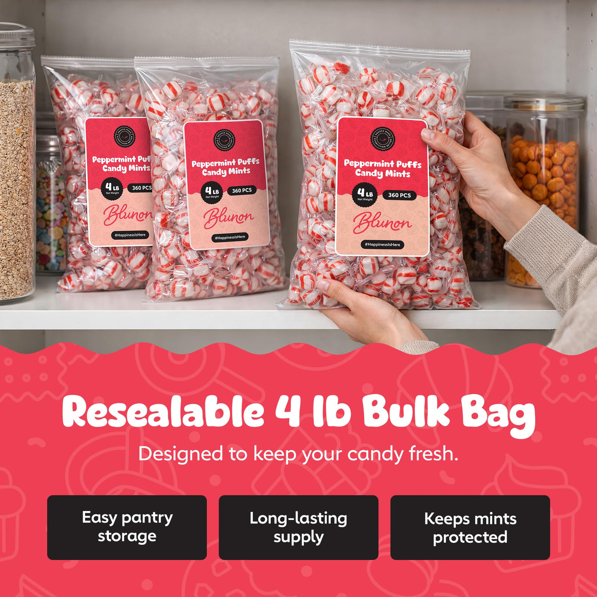 Blunon Peppermint Puffs Candy Mints – 4 lb Bulk, Individually Wrapped (360 Pieces)