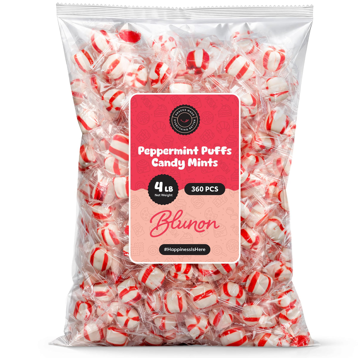 Blunon Peppermint Puffs Candy Mints – 4 lb Bulk, Individually Wrapped (360 Pieces)