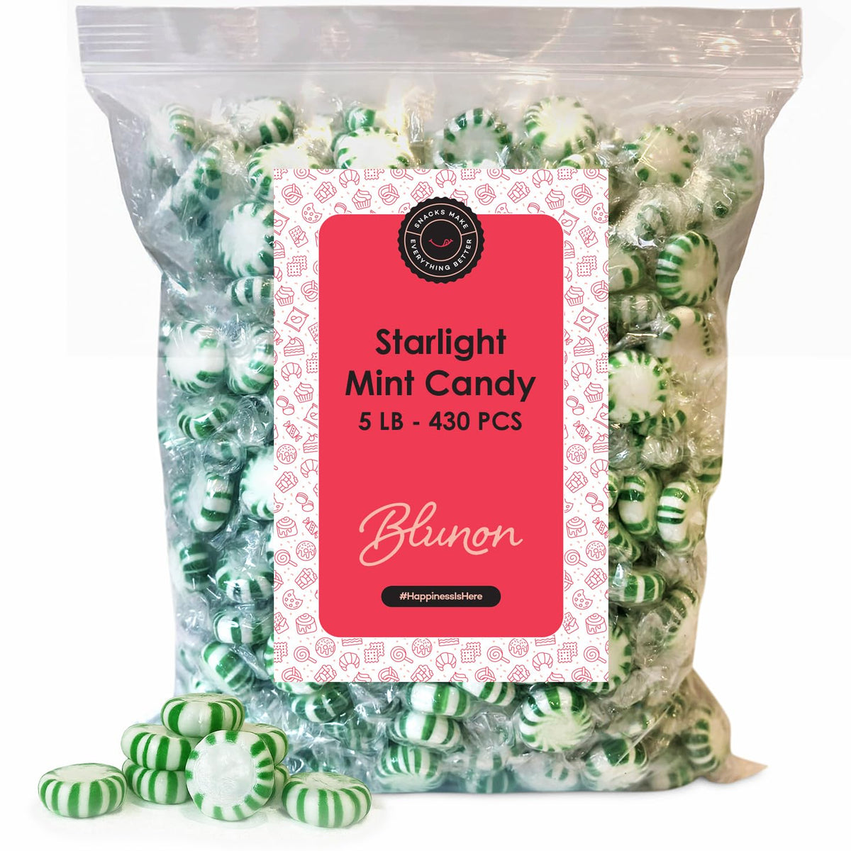 Blunon Spearmint Starlight Mints – 5 lb Bulk, 430 Pieces, Individually Wrapped