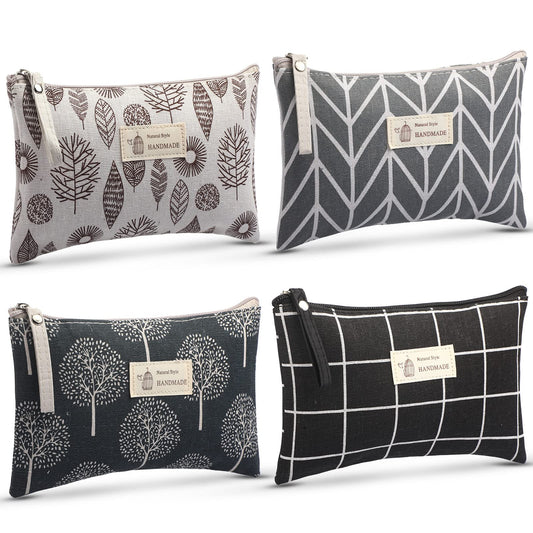 Boao 4 Pcs Canvas Makeup Bag Small Cosmetic Pouch for Purse,Big,Natural