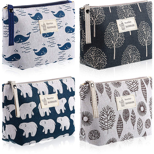 Boao 4 Pcs Canvas Makeup Bag Small Cosmetic Pouch for Purse,Small,Animals