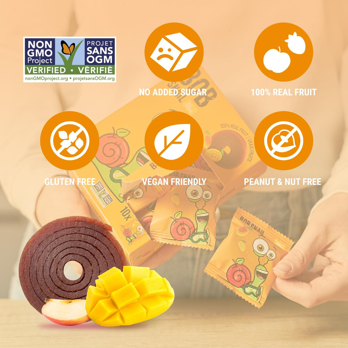 Bob Snail Mango Fruit Roll Ups – Real Dried Fruit, No Added Sugar, Vegan & Nut-Free (Bulk 50 Rolls, 500g)