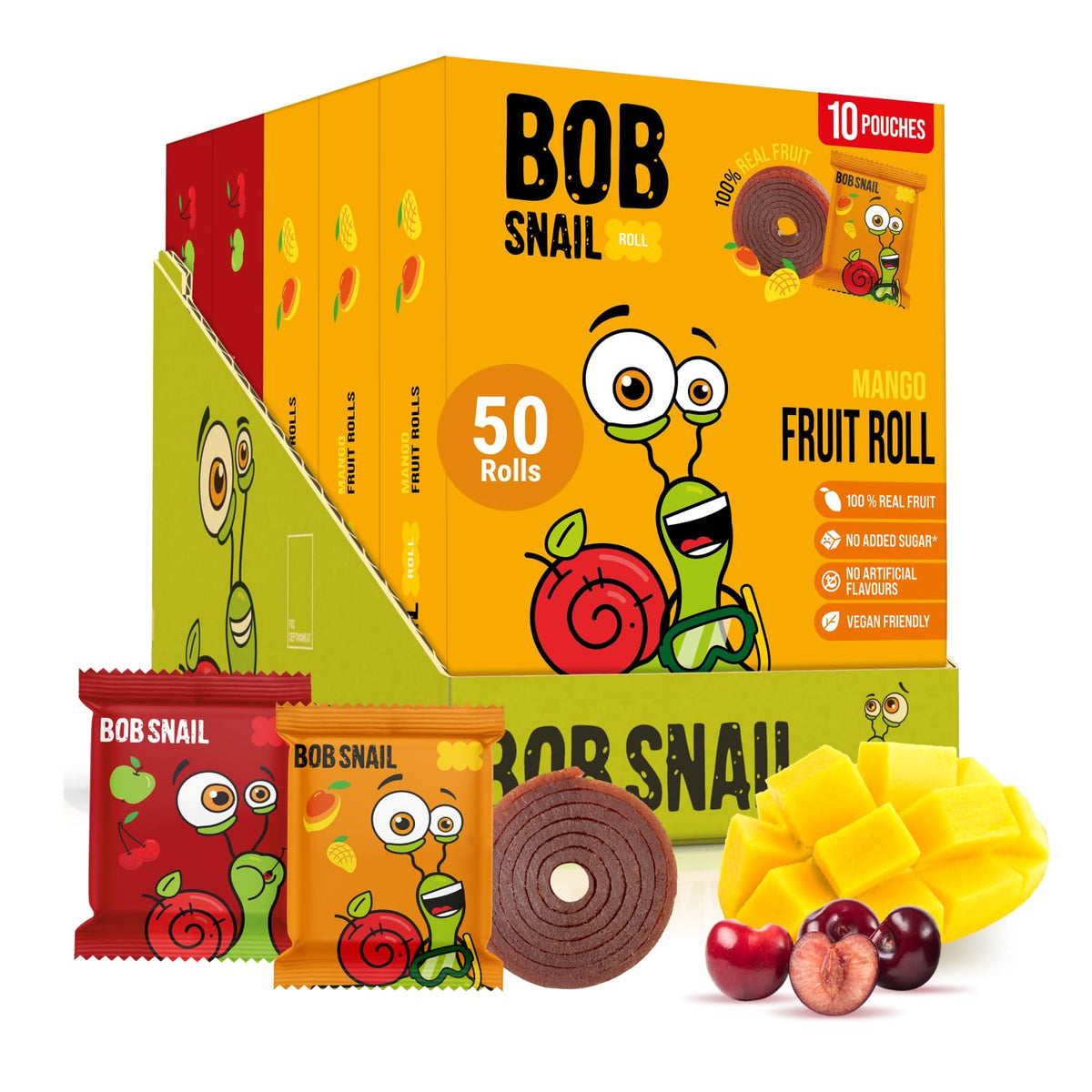 Bob Snail Fruit Roll Ups – 50 Natural Fruit Snacks (Mango & Sour Cherry) | Vegan, No Added Sugar, 500g