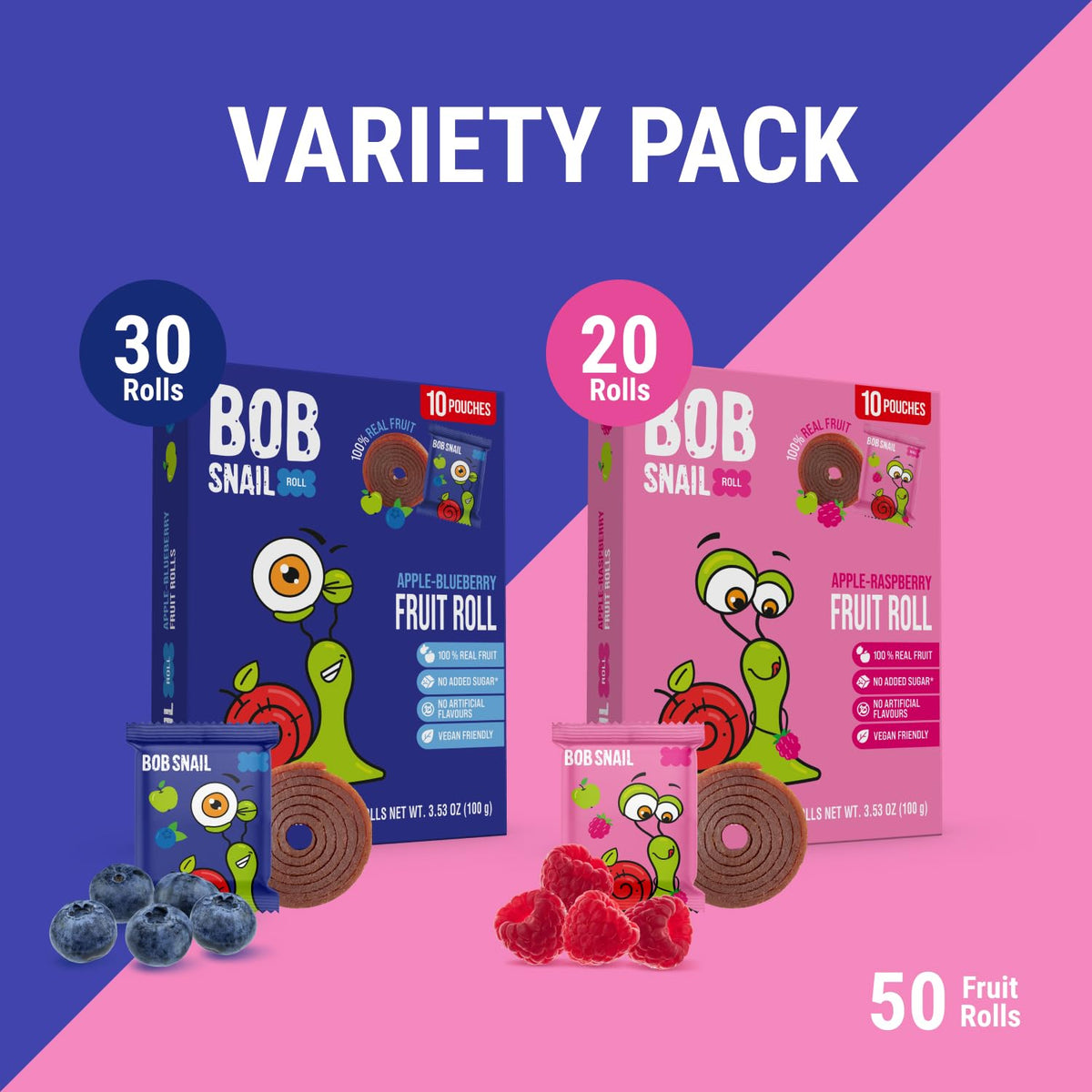 Bob Snail Fruit Roll Ups – 50 Natural Fruit Snacks (Blueberry & Raspberry), Vegan, No Added Sugar, 500g