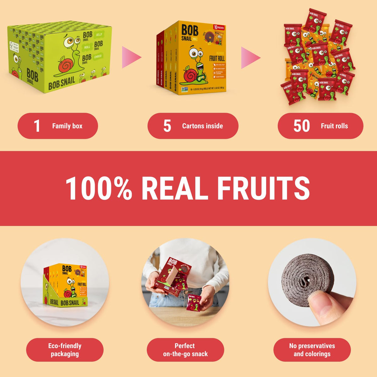 Bob Snail Fruit Roll Ups – 50 Natural Fruit Snacks (Mango & Sour Cherry) | Vegan, No Added Sugar, 500g
