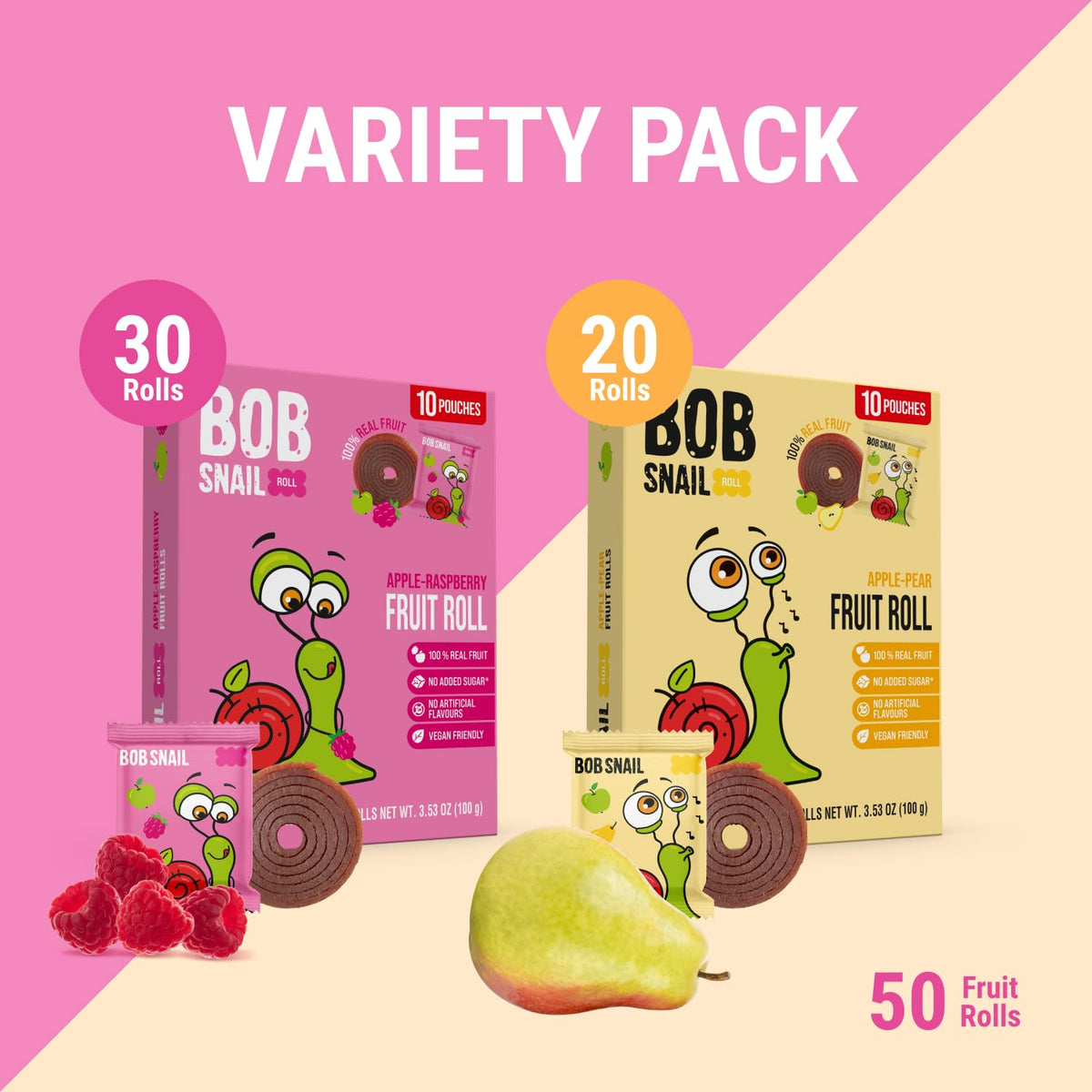Bob Snail Fruit Roll Ups – 50 Natural Fruit Snacks (Pear & Raspberry), Vegan, 500g