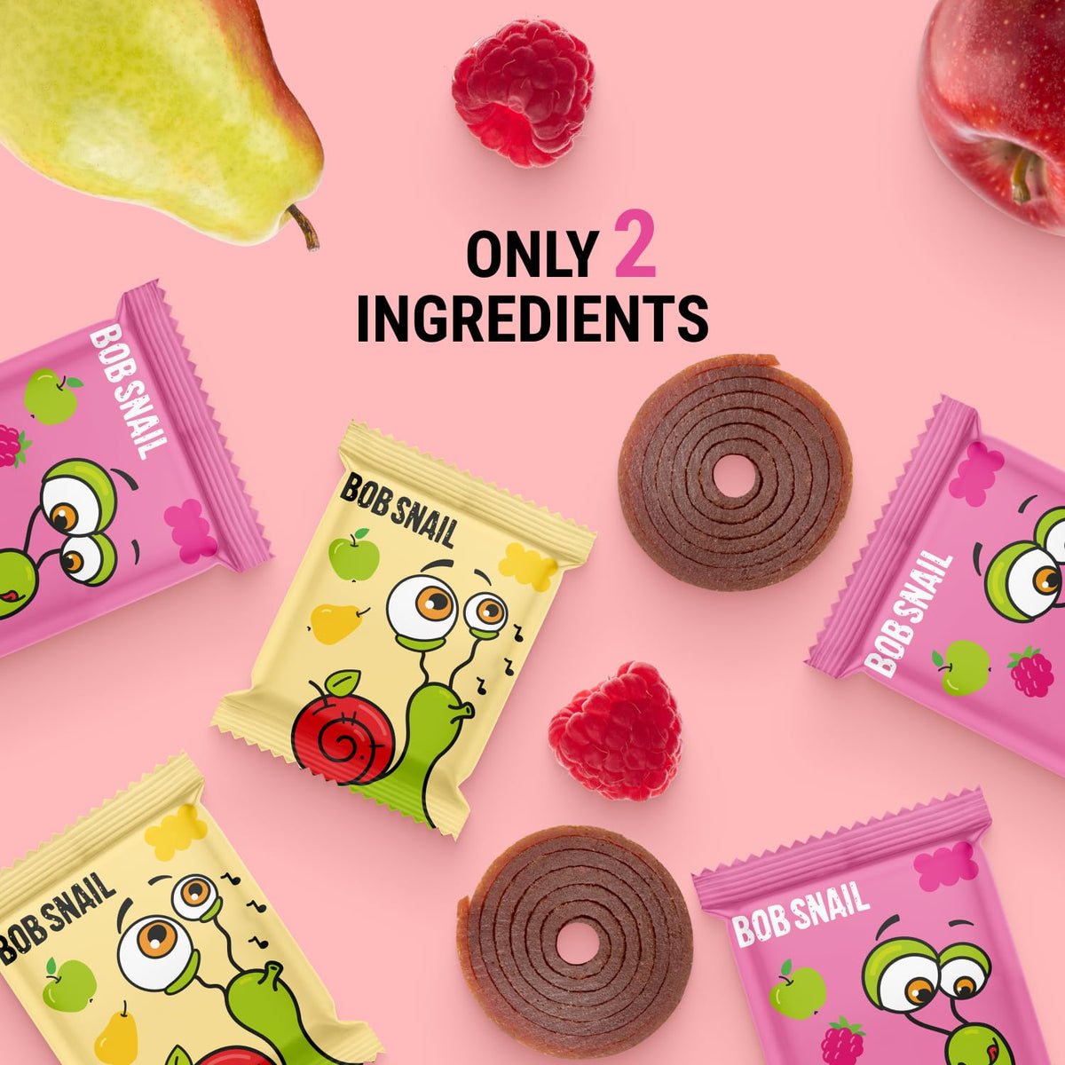 Bob Snail Fruit Roll Ups – 50 Natural Fruit Snacks (Pear & Raspberry), Vegan, 500g