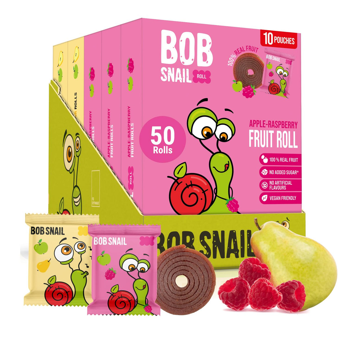 Bob Snail Fruit Roll Ups – 50 Natural Fruit Snacks (Pear & Raspberry), Vegan, 500g