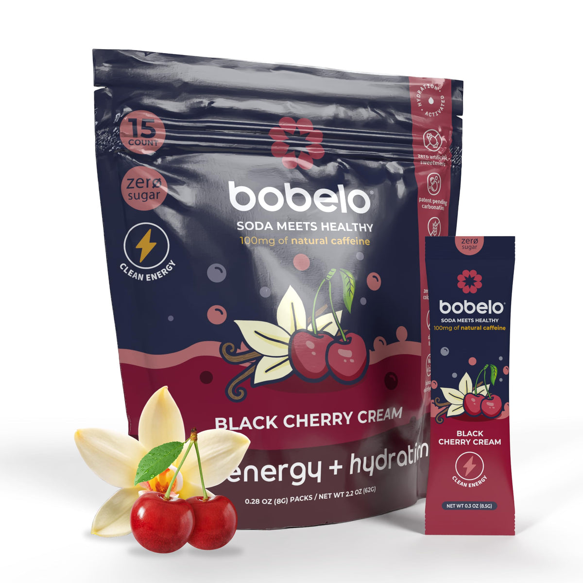Bobelo Black Cherry Cream Energy Drink Mix – Sugar Free Electrolyte Powder with Caffeine (Guarana) – Hydration & Energy Boost – 15 Stick Packs