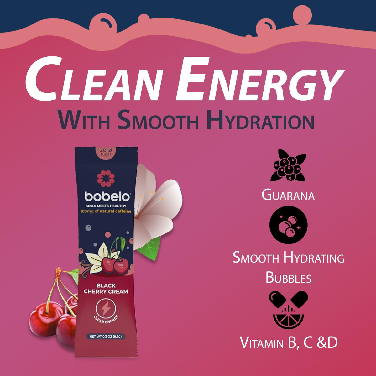 Bobelo Black Cherry Cream Energy Drink Mix – Sugar Free Electrolyte Powder with Caffeine (Guarana) – Hydration & Energy Boost – 15 Stick Packs