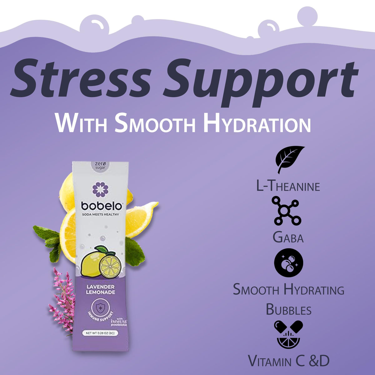 Bobelo Lavender Lemonade Self-Carbonating Hydration Drink — 15 Count | Low-Calorie, Sugar-Free Electrolyte Packets