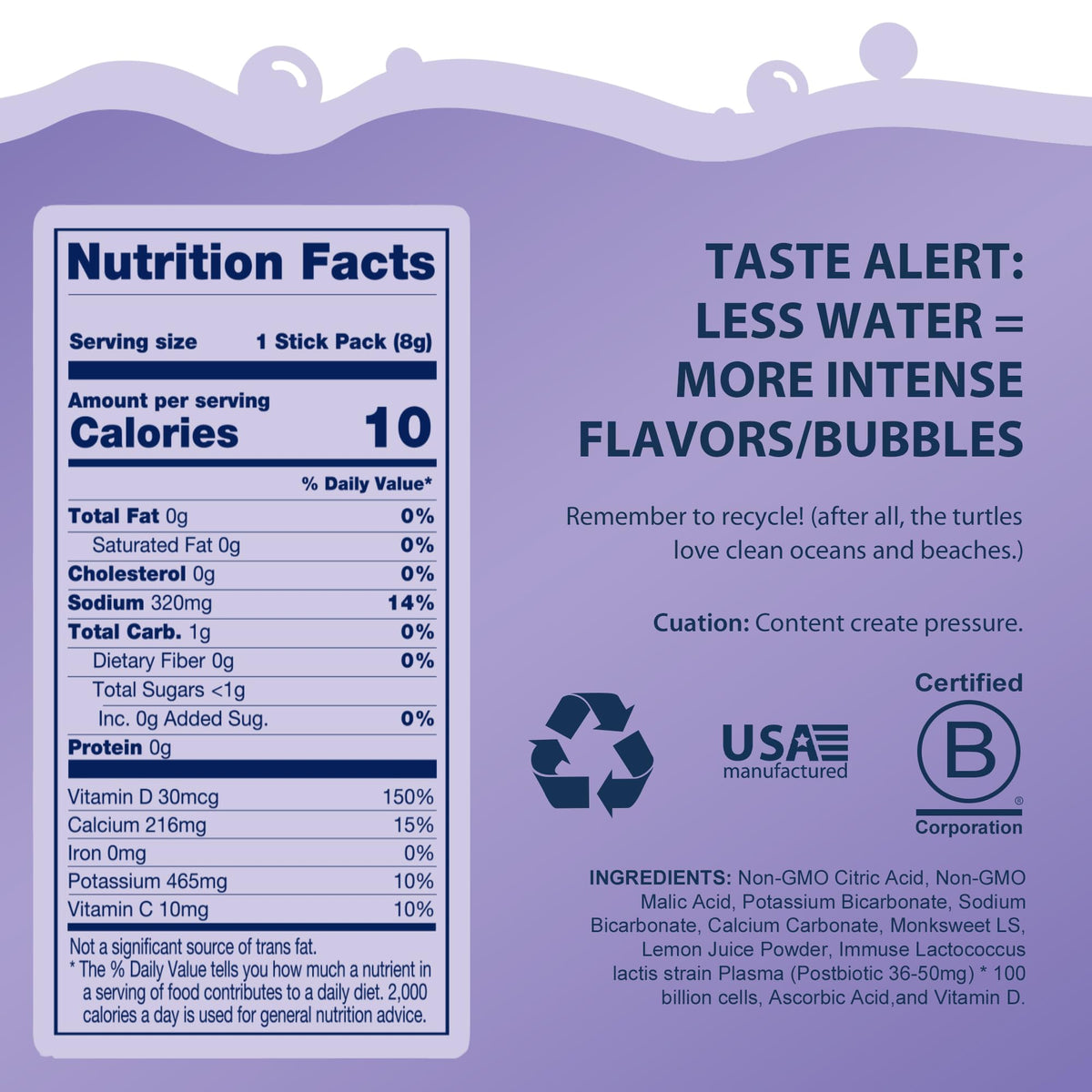 Bobelo Lavender Lemonade Self-Carbonating Hydration Drink — 15 Count | Low-Calorie, Sugar-Free Electrolyte Packets