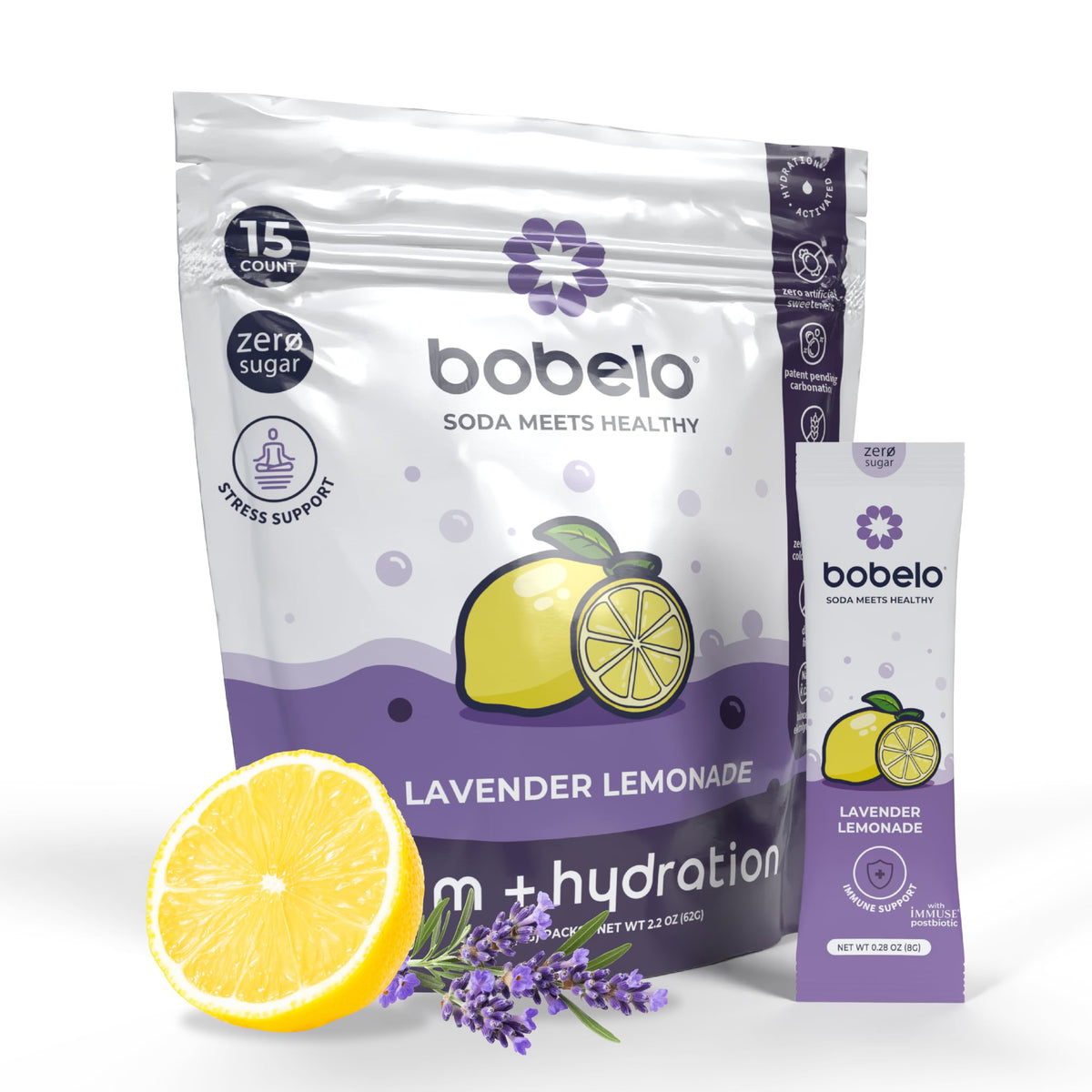 Bobelo Lavender Lemonade Self-Carbonating Hydration Drink — 15 Count | Low-Calorie, Sugar-Free Electrolyte Packets