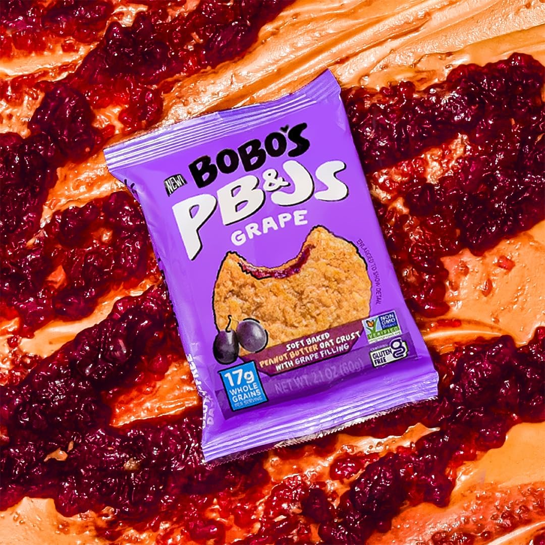 Bobo's Grape PB&J Oat Snacks – Gluten-Free, Plant-Based Bars (24 Snacks)
