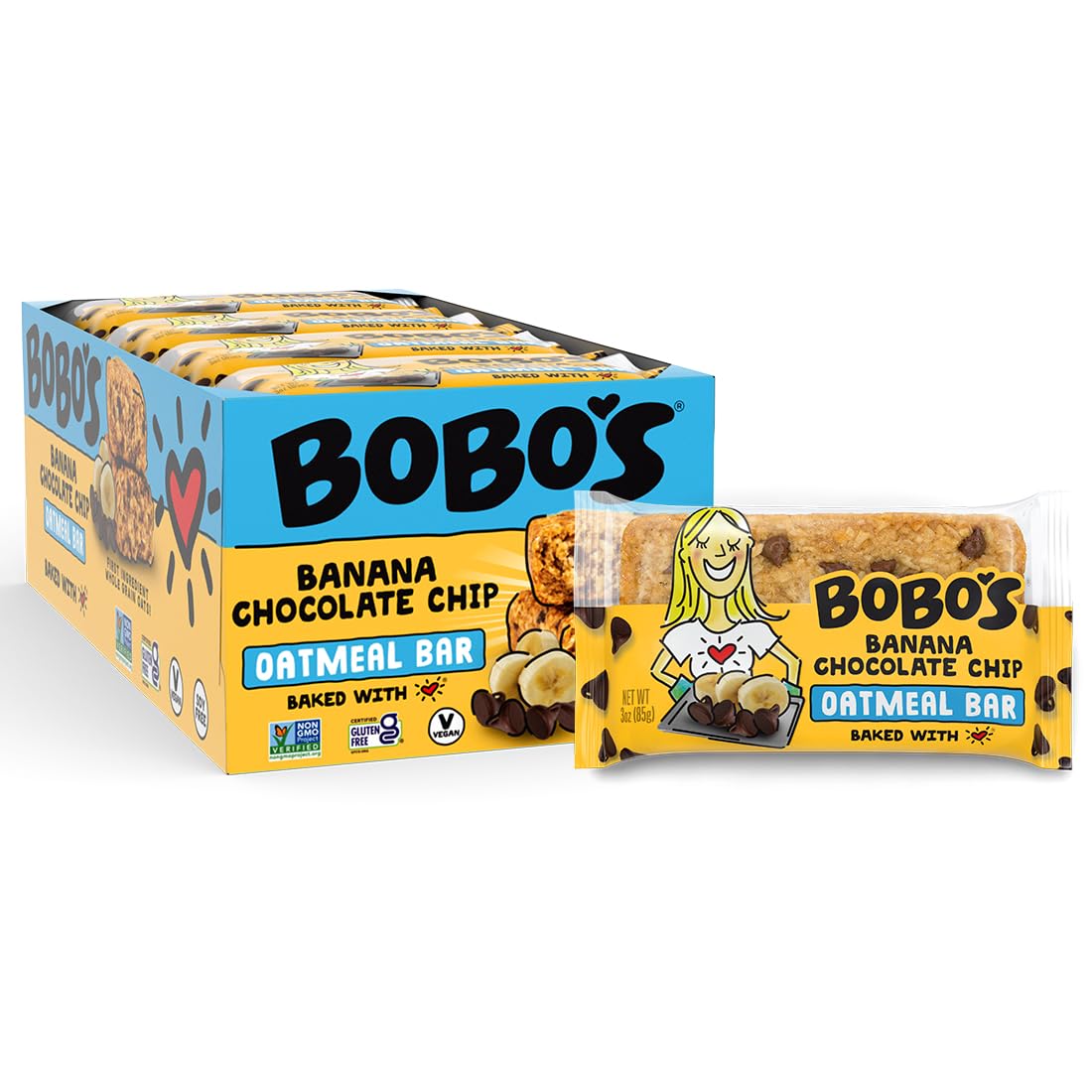 Bobo's Banana Chocolate Chip Oat Bars – Gluten-Free, Plant-Based Breakfast & Snack Bars (12 Bars)