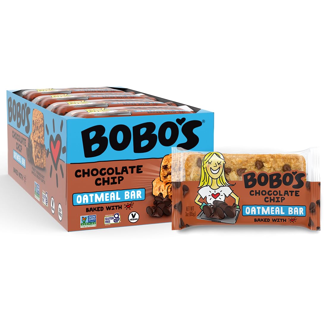 Bobo's Chocolate Chip Oat Bars — Gluten-Free, Plant-Based Whole Grain (12 Bars)