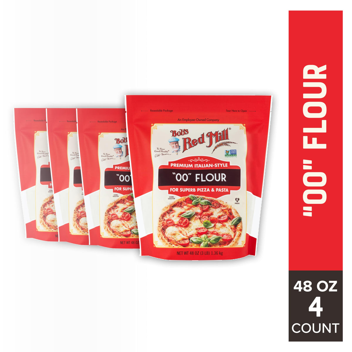 Bob's Red Mill 00 Flour – Premium Italian-Style Flour for Pizza & Pasta, 48oz (Pack of 4) – Non-GMO, Vegan, Kosher