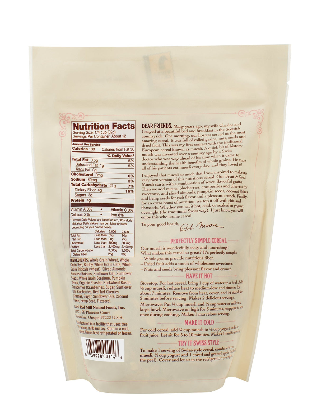 Bob's Red Mill Fruit & Seed Muesli, 14oz (Pack of 4) – Non-GMO, Whole Grain, Kosher