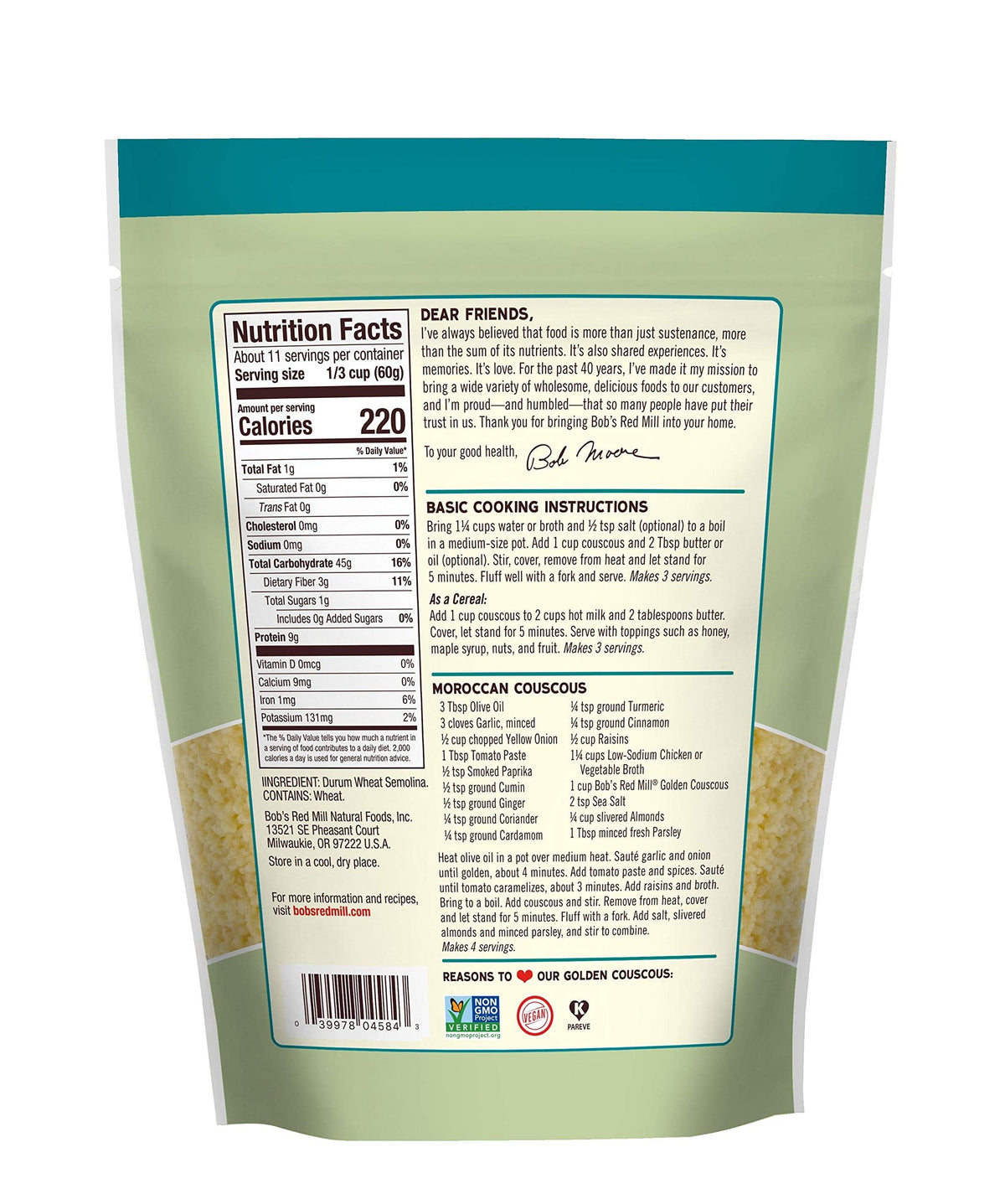 Bob's Red Mill Golden Couscous – Par-Cooked Moroccan-Style, 24oz Pack of 4 | Non-GMO, Vegan, Kosher