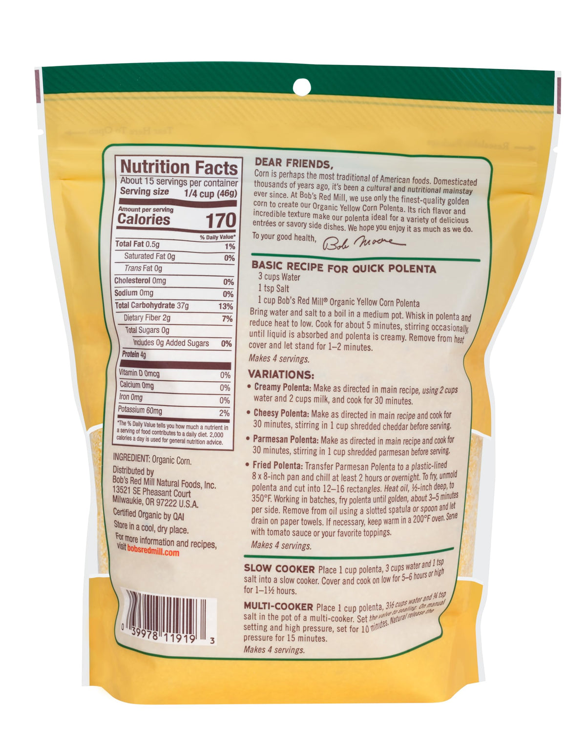 Bob's Red Mill Organic Yellow Corn Polenta, 24oz (Pack of 4) – Vegan, Kosher