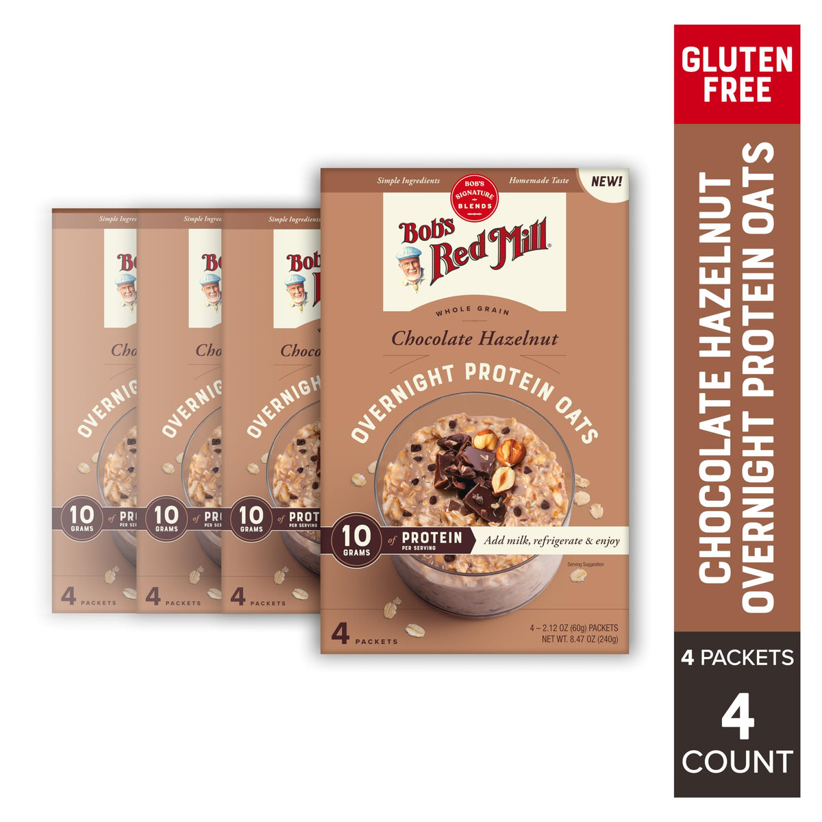 Bob's Red Mill Overnight Protein Oat Packets, Chocolate Hazelnut – 4 Boxes/4 Packets per Box, Non-GMO, Gluten Free, Whole Grain