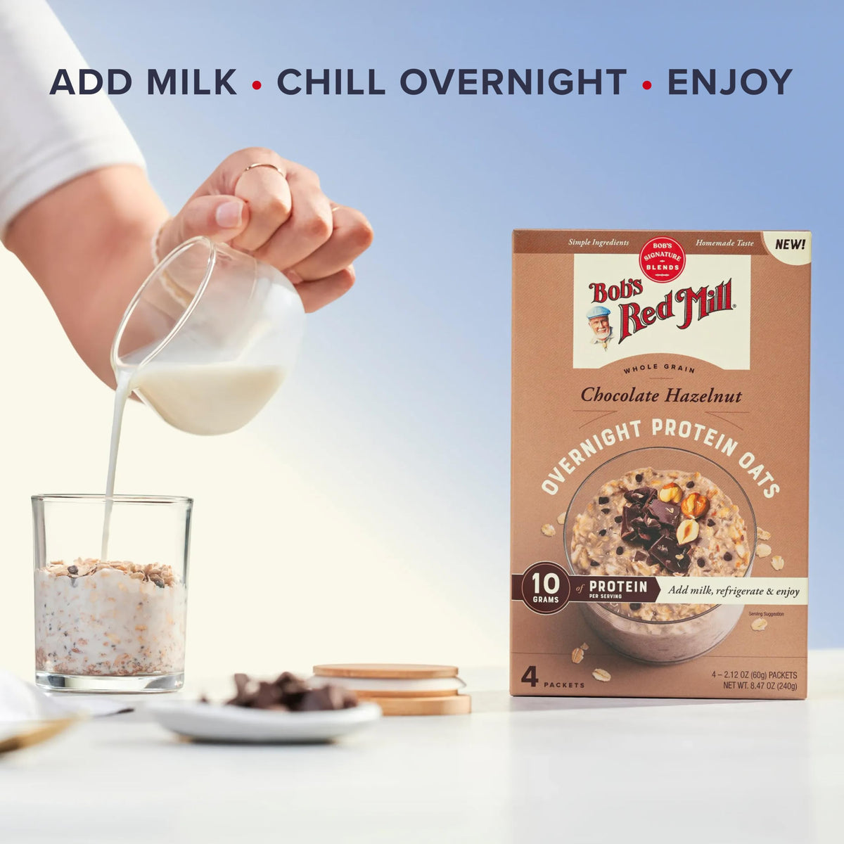 Bob's Red Mill Overnight Protein Oat Packets, Chocolate Hazelnut – 4 Boxes/4 Packets per Box, Non-GMO, Gluten Free, Whole Grain
