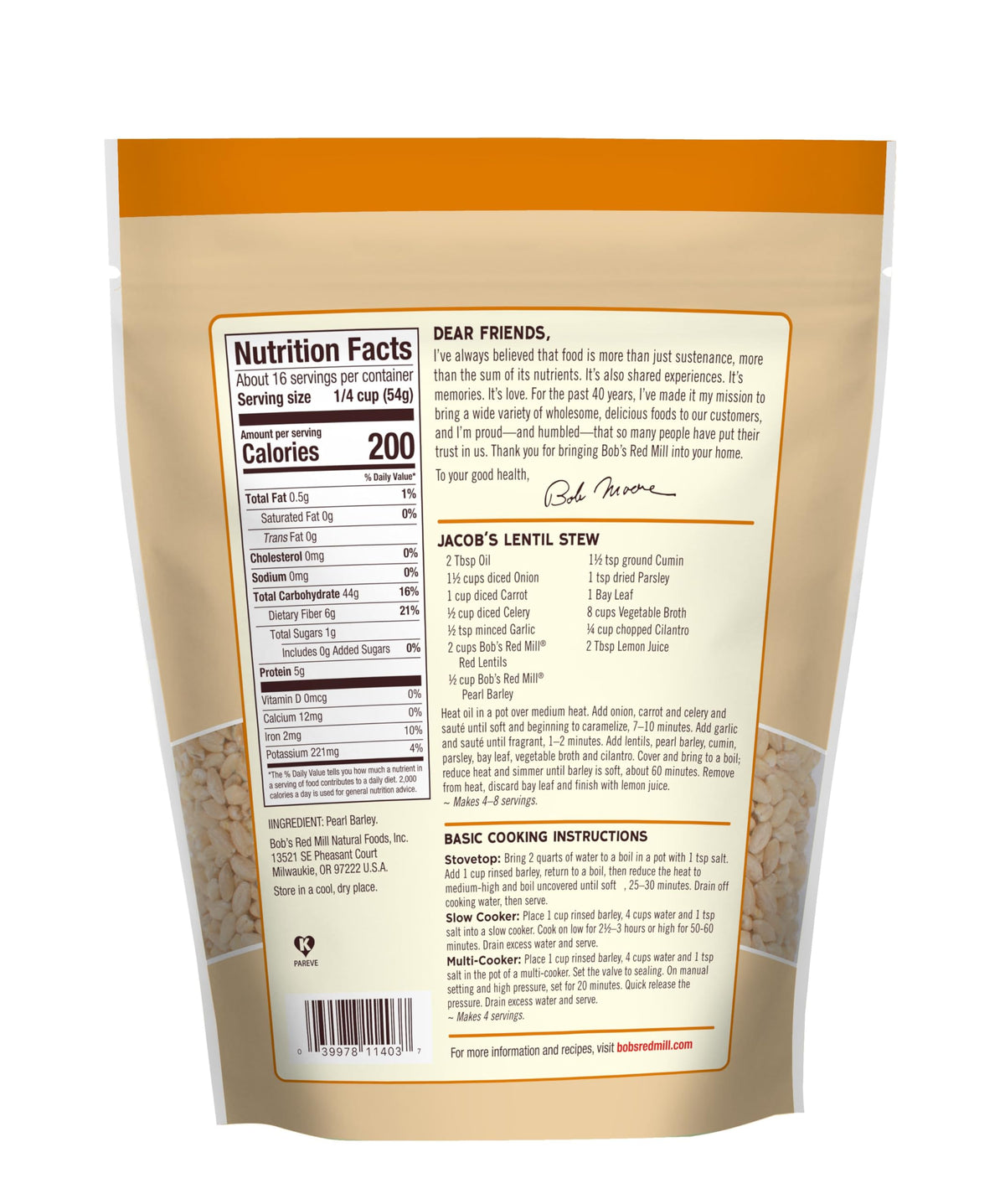Bob's Red Mill Pearl Barley, 30oz (Pack of 4) – Non-GMO, Vegan, Kosher