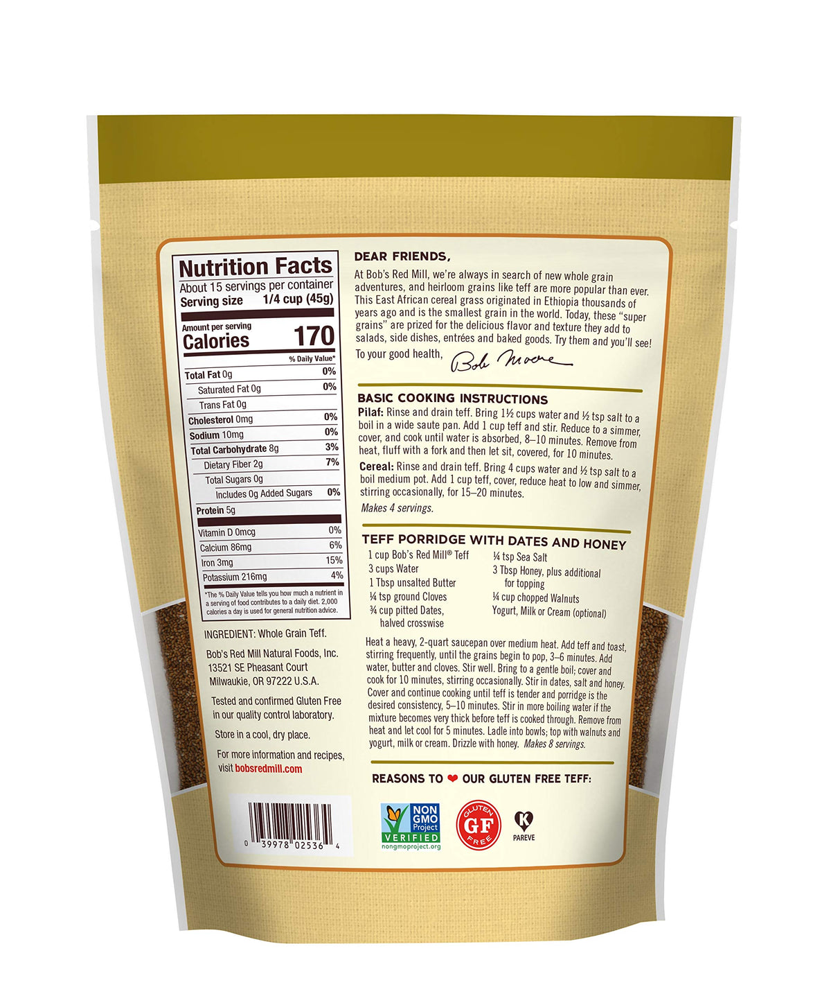 Bob's Red Mill Whole Grain Teff, 24oz (Pack of 4) – Non-GMO, Vegan, Kosher
