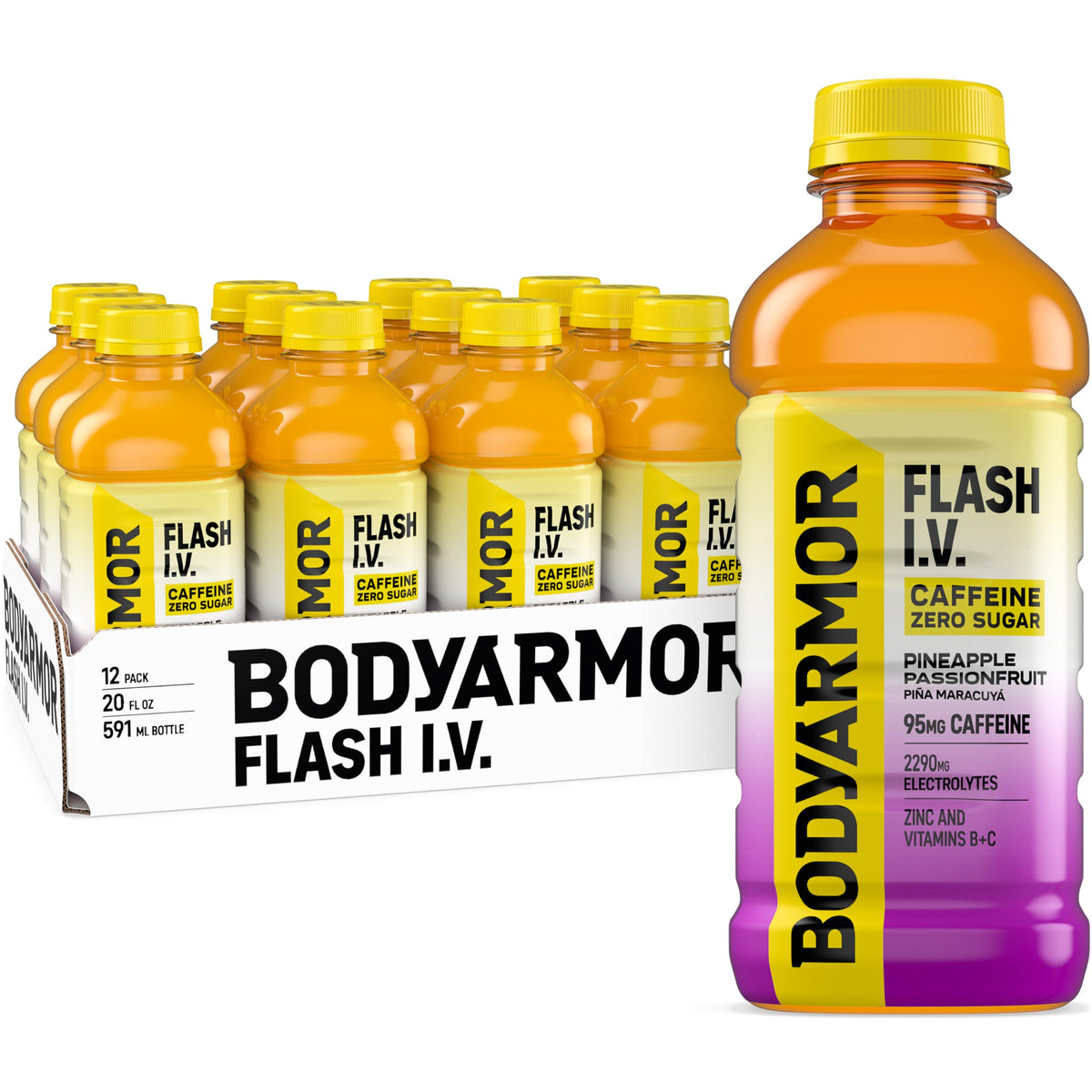 BODYARMOR Flash I.V. Zero Sugar + Caffeine — Pineapple Passionfruit Hydration Drink, 20 Fl Oz (Pack of 12)