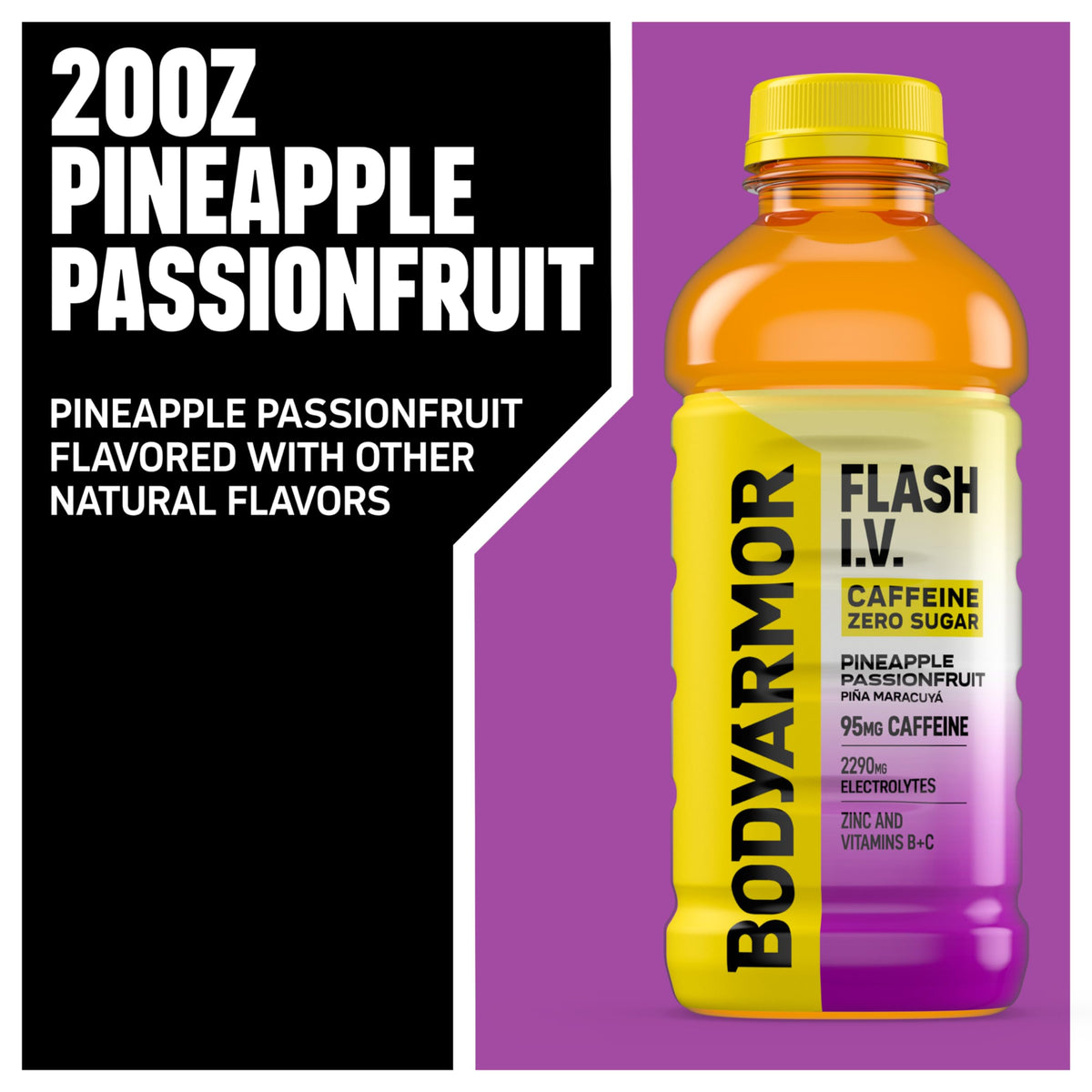 BODYARMOR Flash I.V. Zero Sugar + Caffeine — Pineapple Passionfruit Hydration Drink, 20 Fl Oz (Pack of 12)