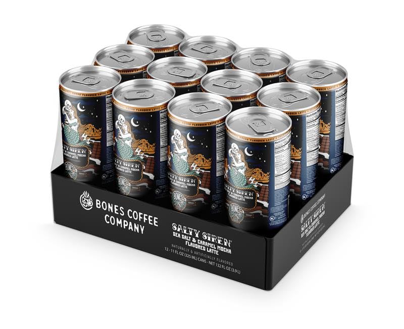 Bones Coffee Salty Siren Latte – Medium Roast Ready-to-Drink Iced Coffee Cans (11 oz, 12 Pack)