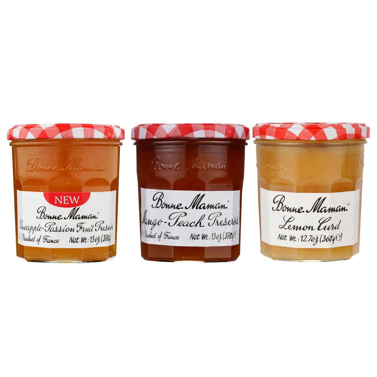 Bonne Maman Summer Variety Pack: Pineapple-Passion Fruit Preserves, Mango-Peach Preserves, Lemon Curd – Pack of 3