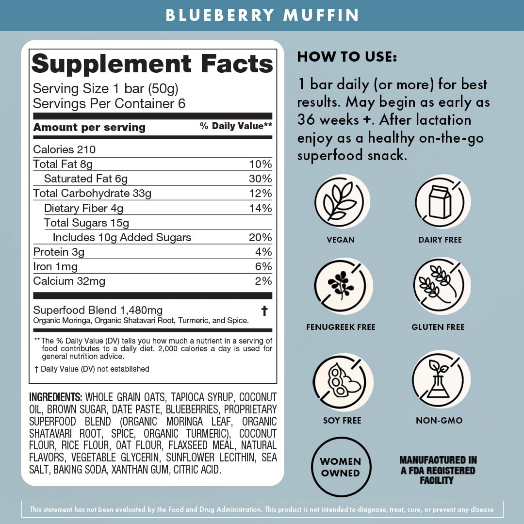 Boobie Bar Superfood Blueberry Muffin Lactation Bar – Vegan, Gluten-Free, Dairy-Free, Fenugreek-Free | 7 Bars