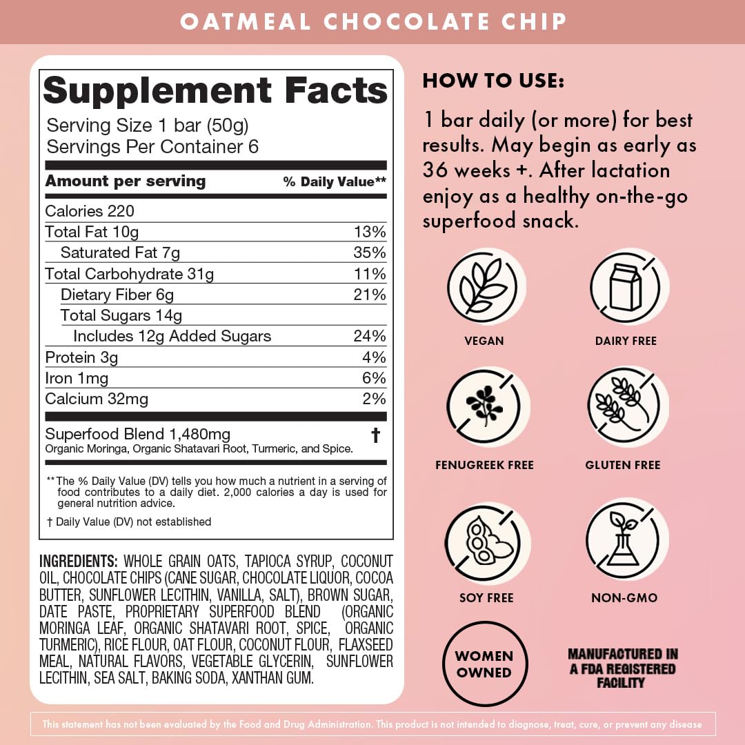 Boobie Superfood Oatmeal Chocolate Chip Lactation Bar – Vegan, Gluten-Free, Fenugreek-Free (7 Bars) | Boobie Brands