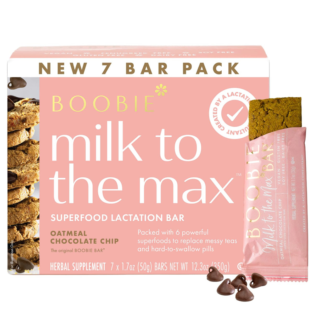 Boobie Superfood Oatmeal Chocolate Chip Lactation Bar – Vegan, Gluten-Free, Fenugreek-Free (7 Bars) | Boobie Brands
