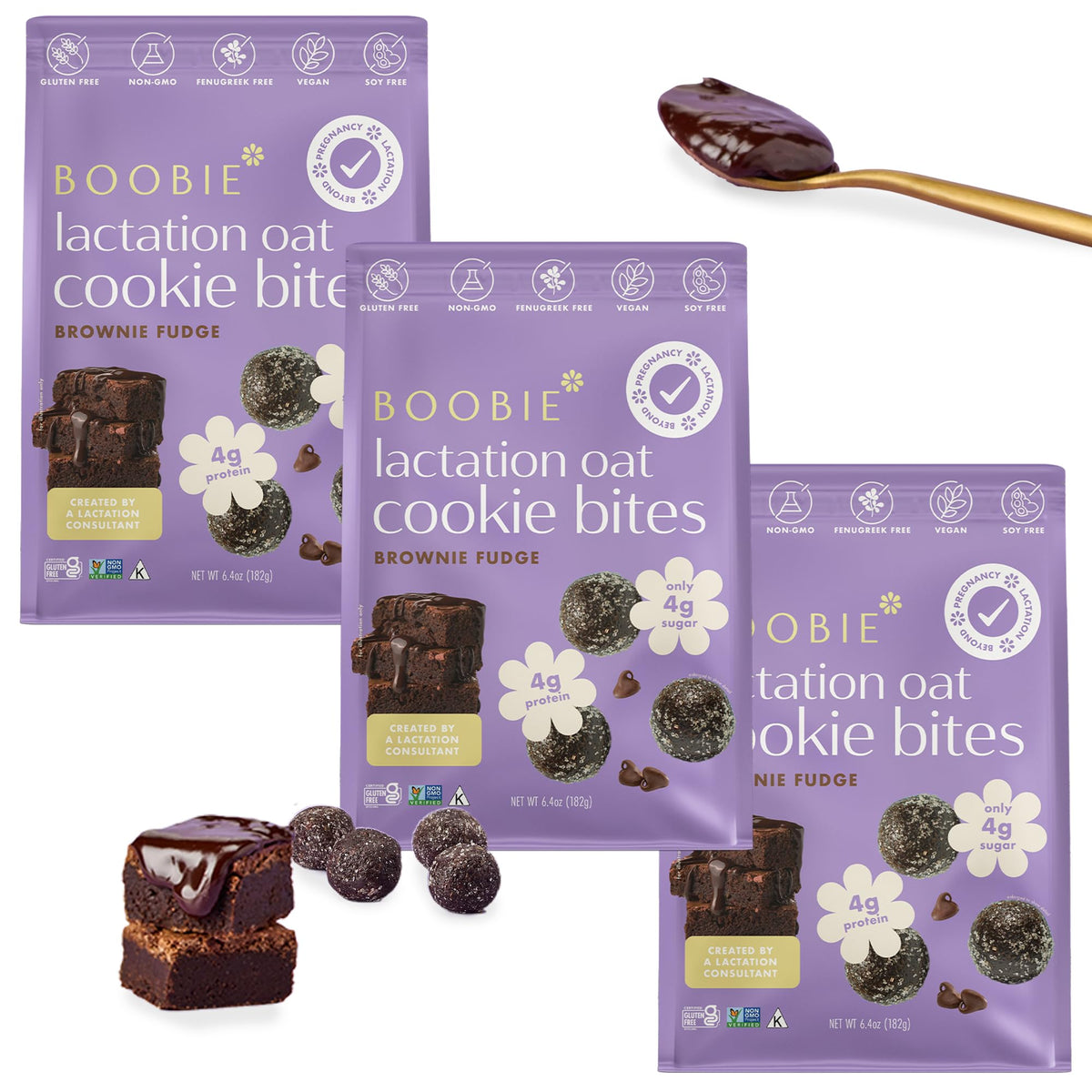 Boobie Lactation Cookies, Brownie Fudge | Vegan, Gluten-Free, Dairy-Free | 5g Sugar | 7 Servings x 3 Packs