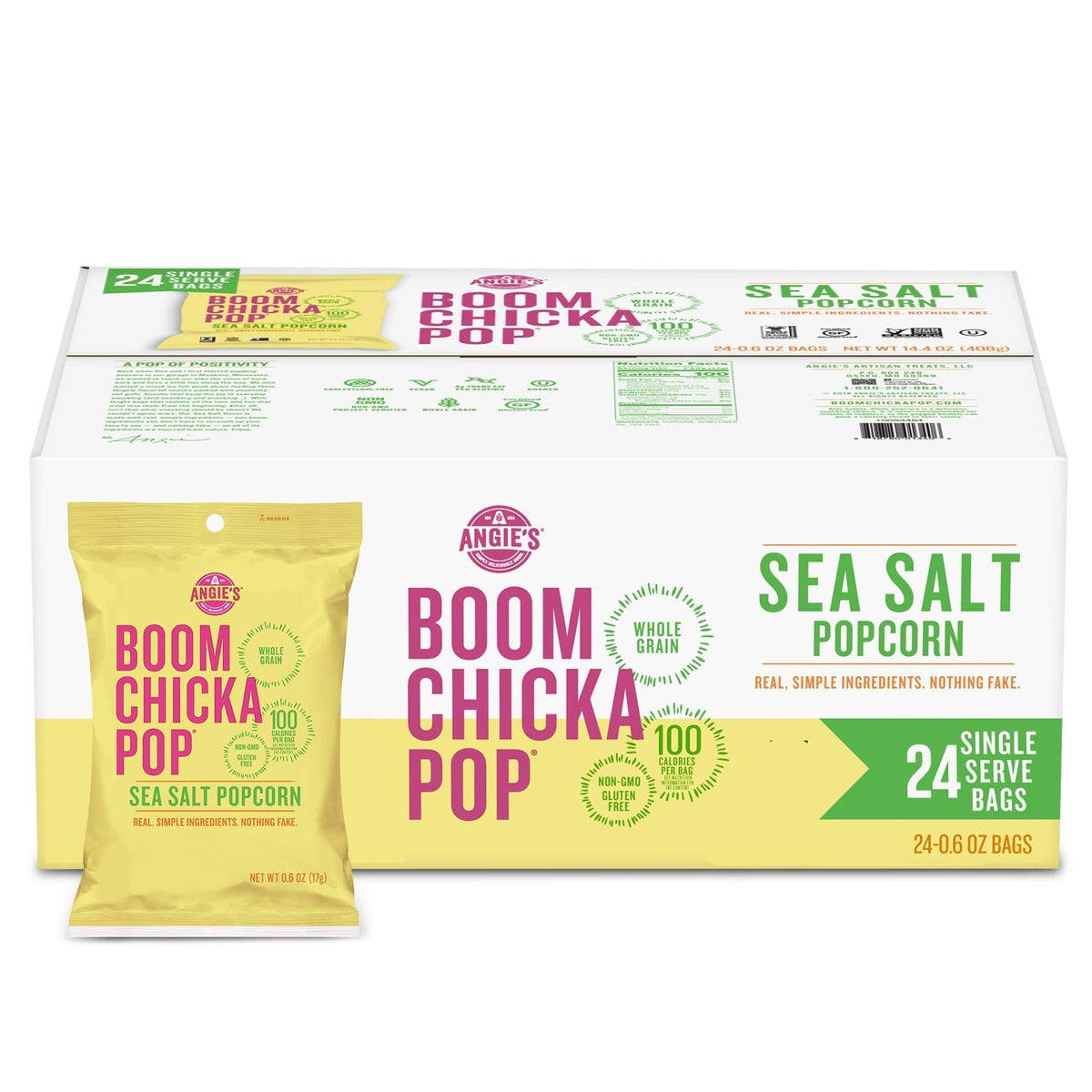 Angie's BOOMCHICKAPOP Sea Salt Popcorn — 0.6 oz Bags (Pack of 24) | Gluten-Free, Non-GMO
