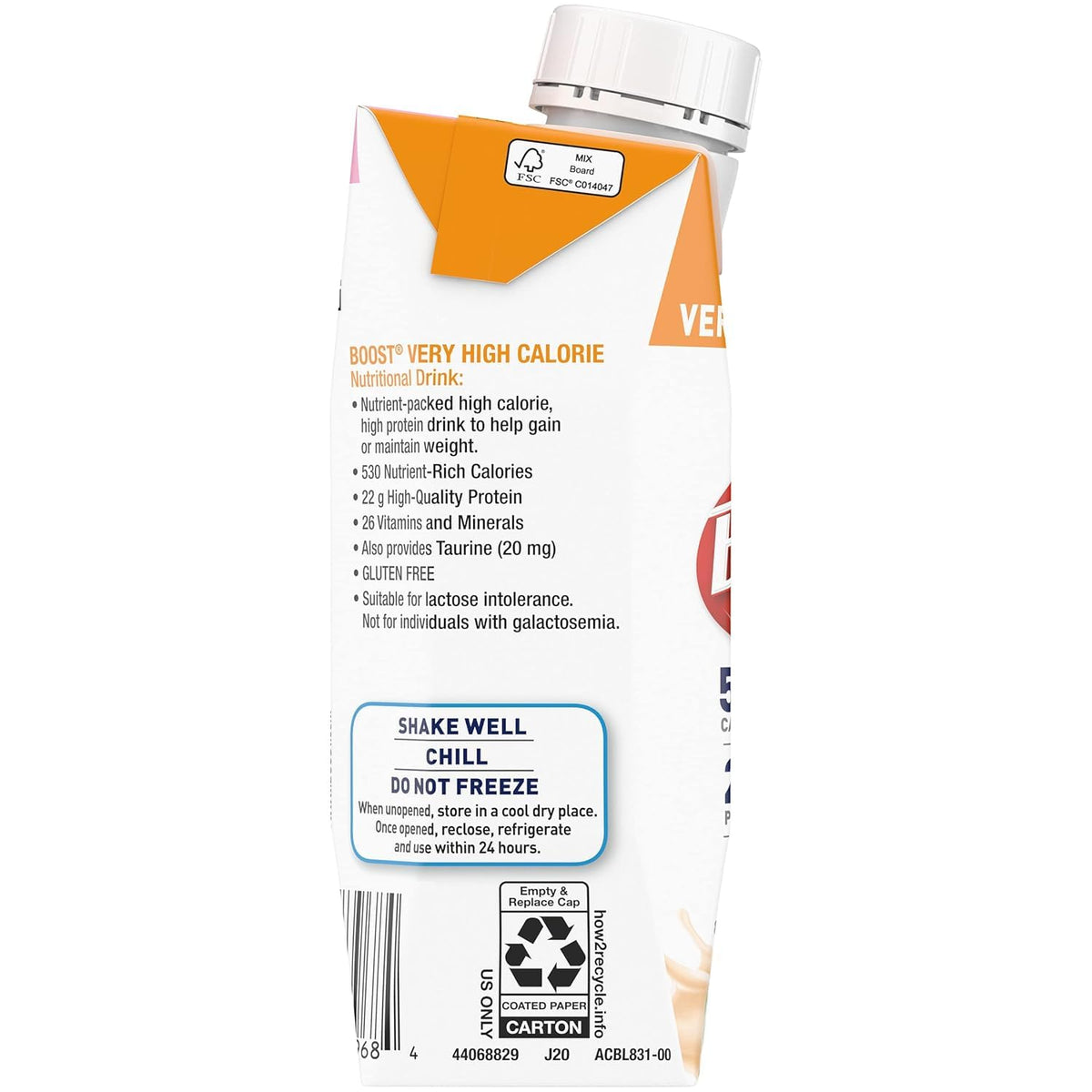 BOOST Very High Calorie Nutritional Drink – Very Vanilla, 8 fl oz, Pack of 6