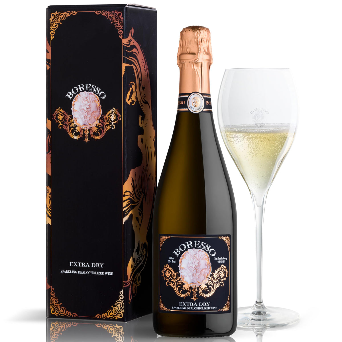 BORESSSO Extra Dry 0.0% ABV Non-Alcoholic Sparkling Wine - Italian Gift Box 750ml