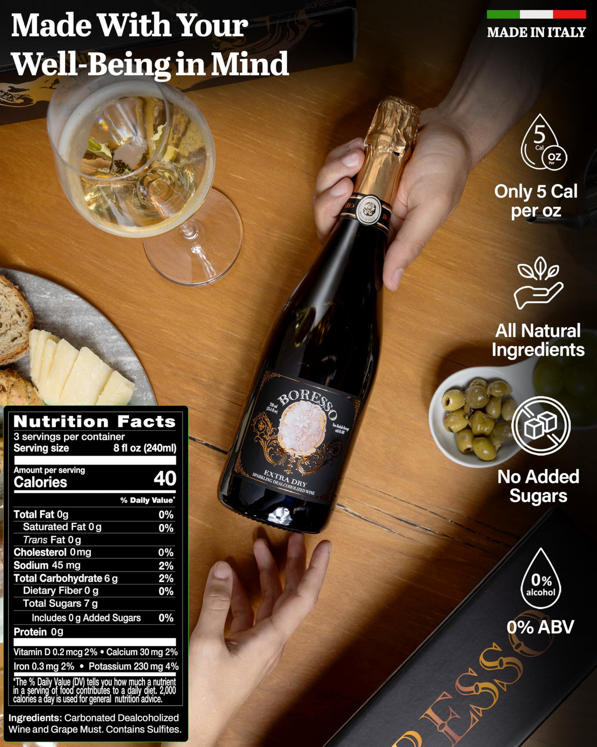 BORESSSO Extra Dry 0.0% ABV Non-Alcoholic Sparkling Wine - Italian Gift Box 750ml