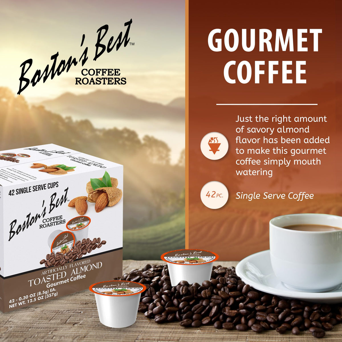 Bostons Best Toasted Almond Gourmet Coffee — Keurig Compatible, Medium Roast, 42 Single-Serve Cups