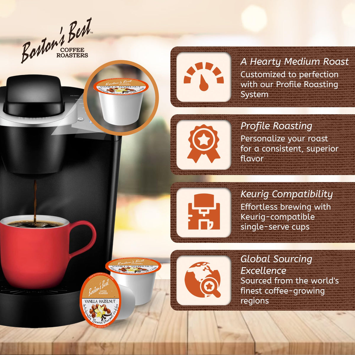 Boston’s Best Vanilla Hazelnut Medium Roast Coffee Pods – Keurig Compatible, 42 Count