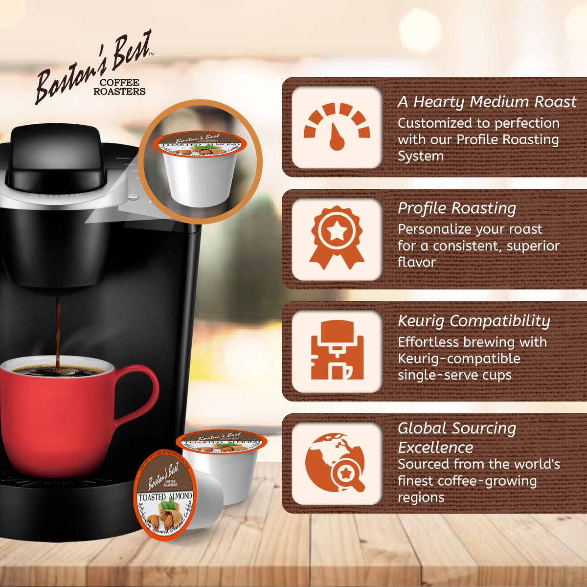 Bostons Best Toasted Almond Gourmet Coffee — Keurig Compatible, Medium Roast, 42 Single-Serve Cups