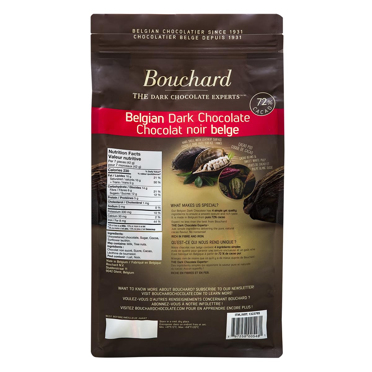 Bouchard Premium Belgian Dark Chocolate 72% Cacao | Individually Wrapped Pieces (2 lb CAN)