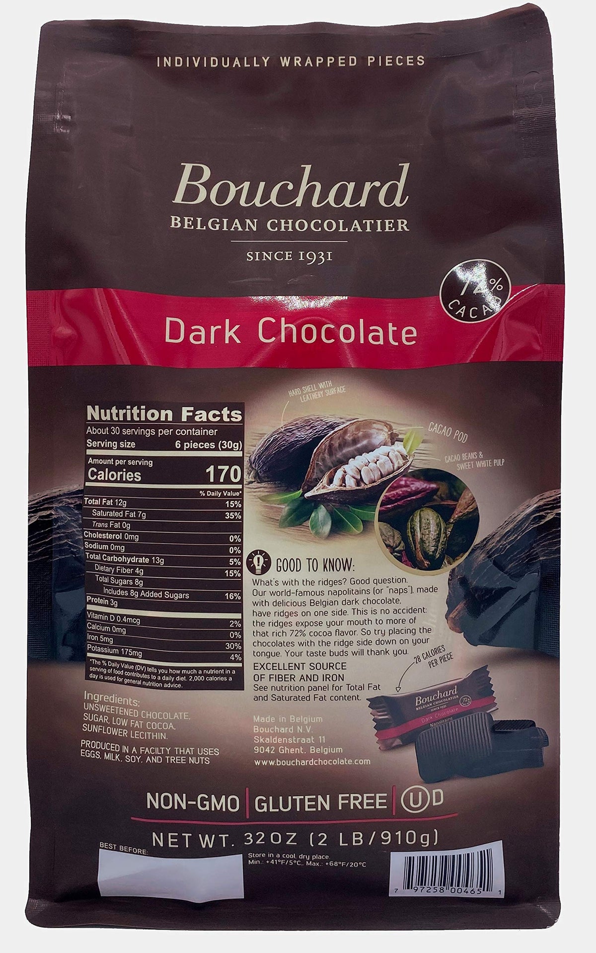 Bouchard Premium Belgian Dark Chocolate 72% Cacao | Individually Wrapped Pieces (2 lb)