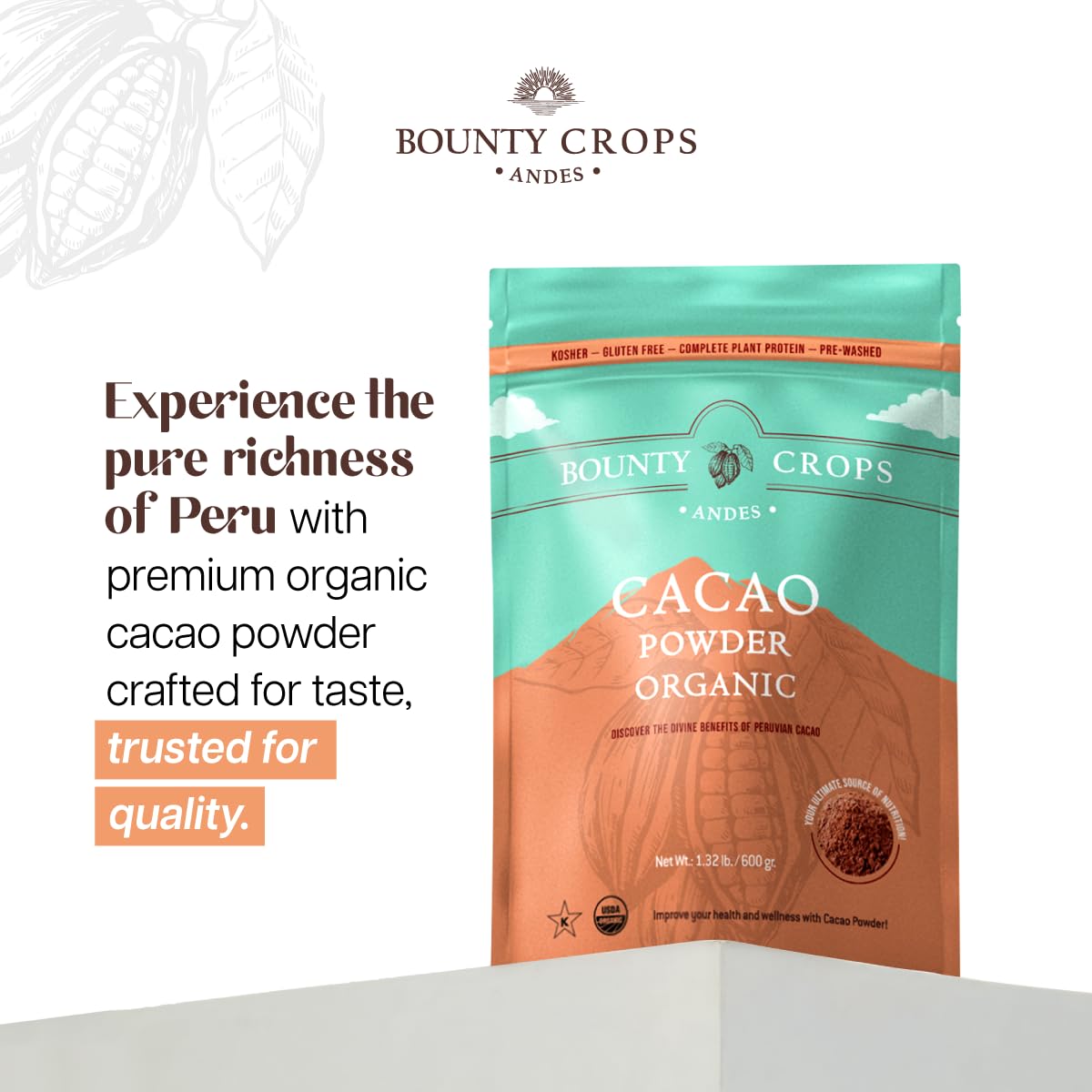 Bounty Crops Organic Cacao Powder – Unsweetened, Rich Dark Chocolate Flavor (21 oz/600 g)
